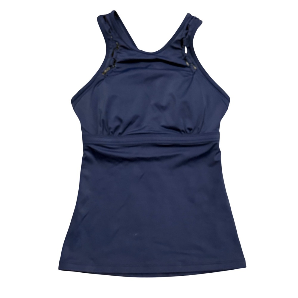 Athleta High Neck Bra Cup Loop Tankini Navy Blue Laser Cut 32D/DD NWT